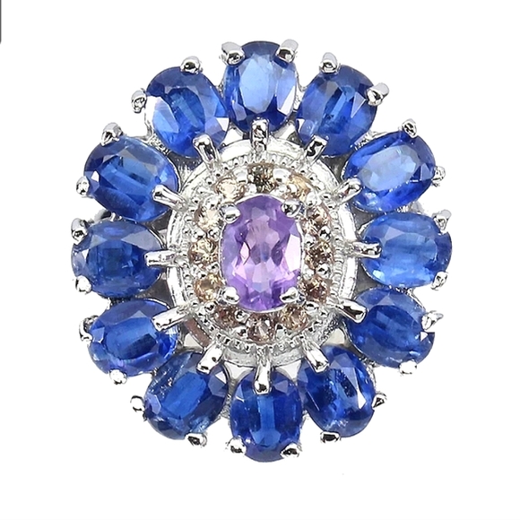 Natural Amethyst 6x4mm, Kyanite & Sapphire 925 Sterling Silver Ring Size 7.5 - Picture 1 of 5